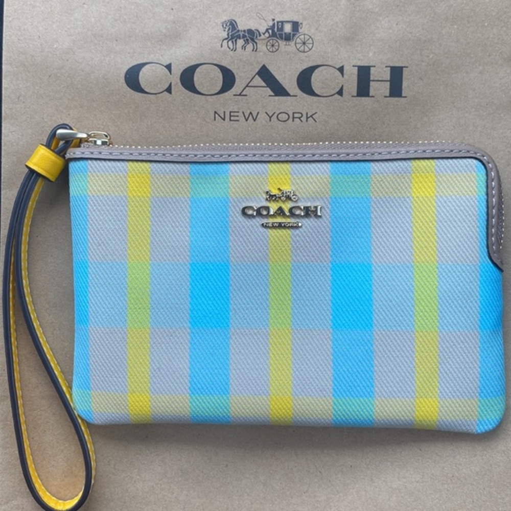 Coach Blue and Yellow Plaid Wristlet